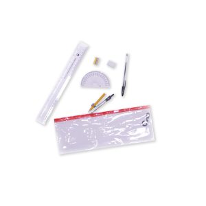 Clear pencil case containing black pen, pencil, sharpener, eraser, protractor, compass and ruler.